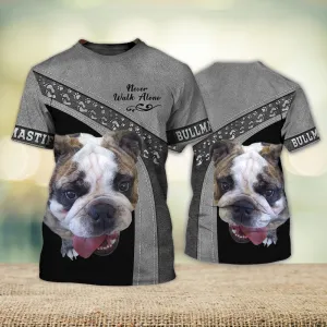 3D Dog T Shirts, English Bulldog Cute Grey Never Walk Alone All Over Print T-Shirt, Gift For Pet Loves