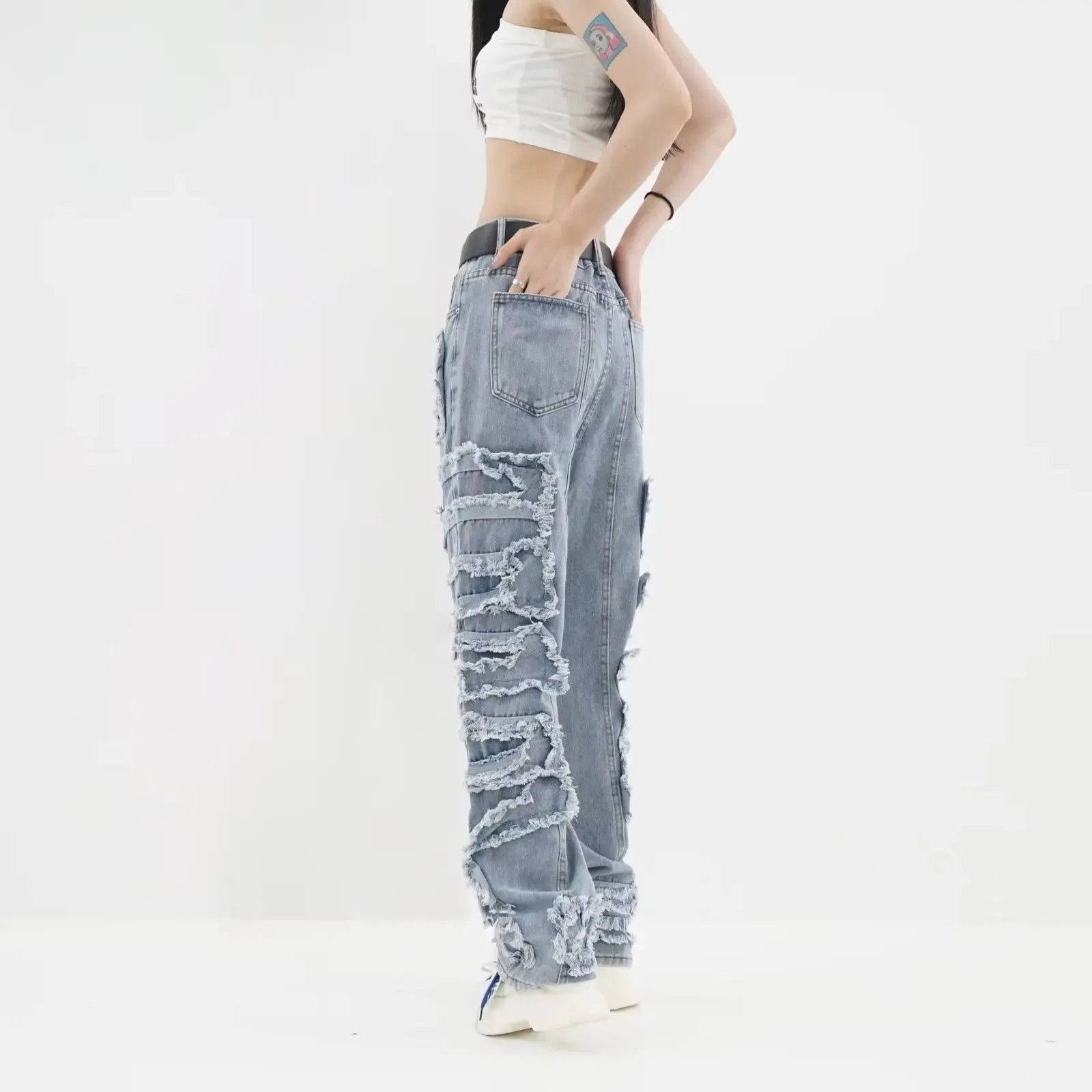 Amy Fashion - 2024 Streetwear Stacked Clothing Y2K Baggy Ripped Hip Hop Straight Vintage Denim Jean