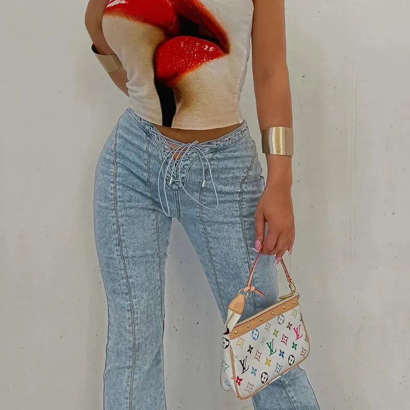 Amy Fashion - Bandage Skinny Flared High Waist Open Split Vintage Bottoms 2024 Autumn Fashion Y2K Streetwear Jean