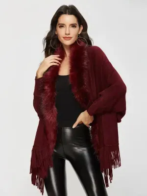 Autumn Winter Fur Collar Shawl Cardigan Wool Coat