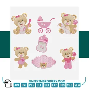 Baby Girl Bear Embroidery Design Pack – 7 Designs - 2 Sizes  | FineryEmbroidery