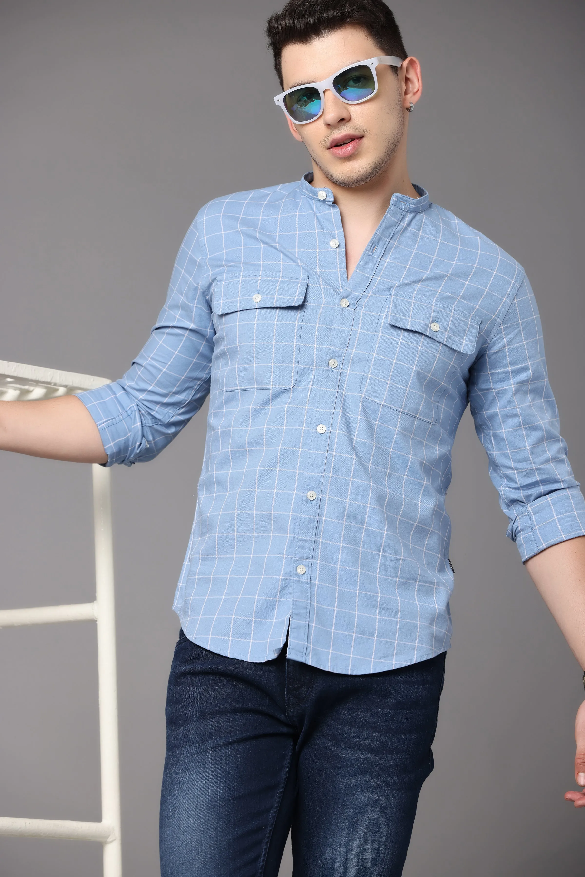 Beau Blue Check Shirt with Double Pocket