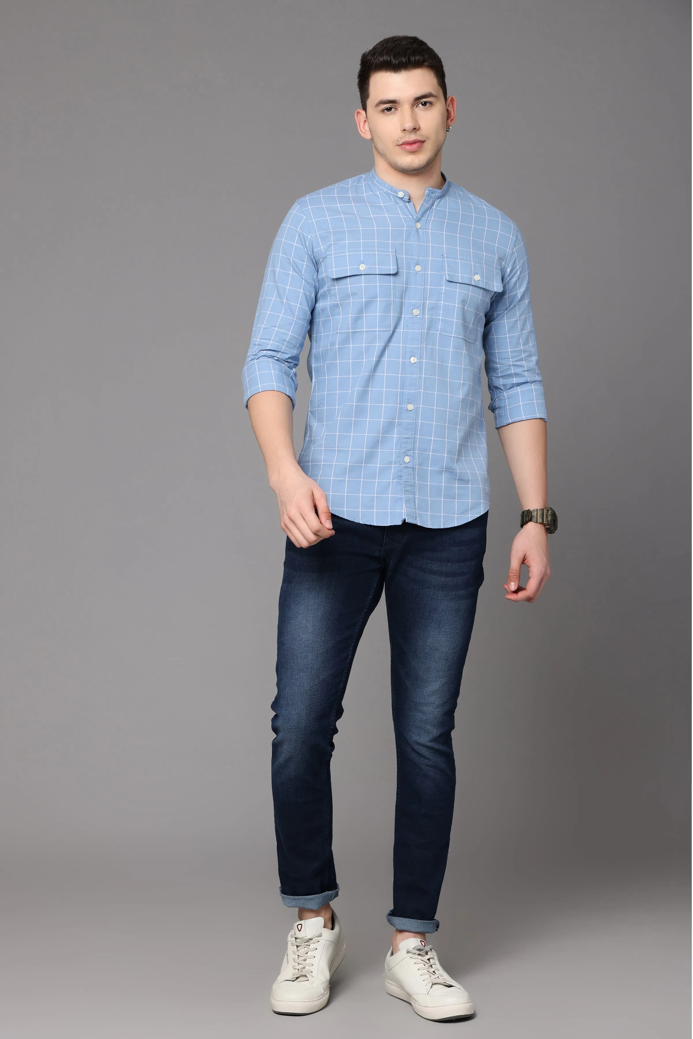 Beau Blue Check Shirt with Double Pocket