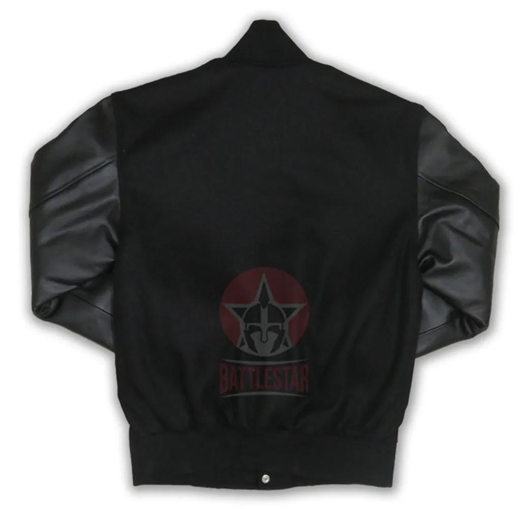 Black Wool Leather Sleeves Varsity Jacket