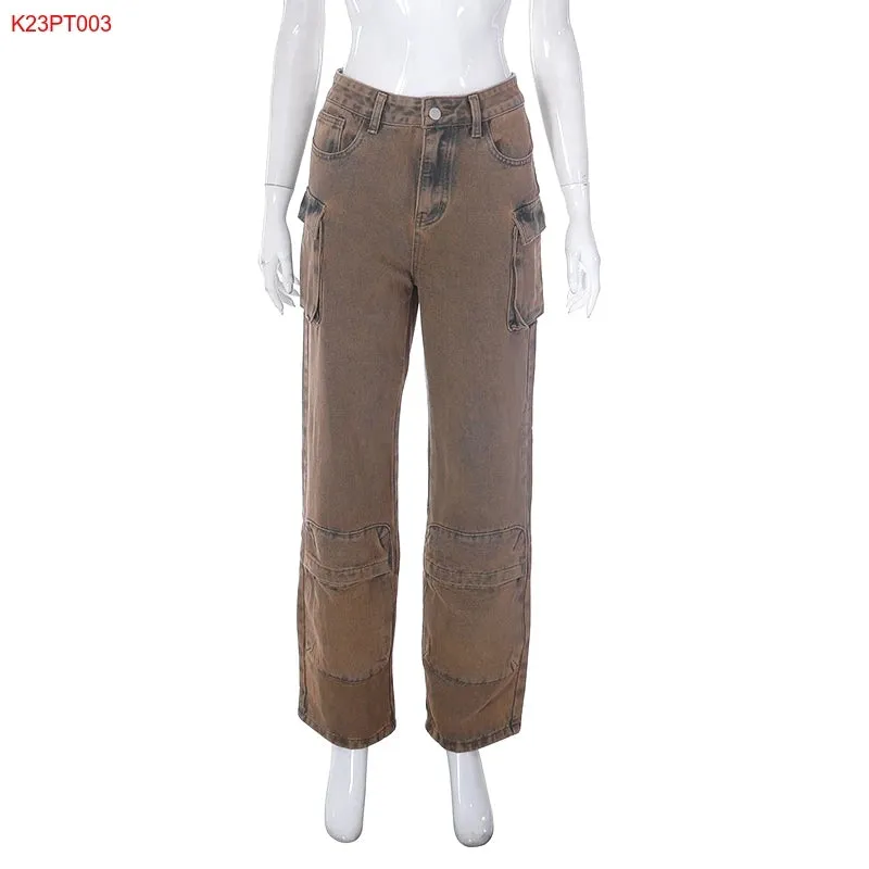 Bomblook K23PT003 2023 Spring Full Long Pant Big Pocket Demin Jeans Cargo Pants Jeans Women