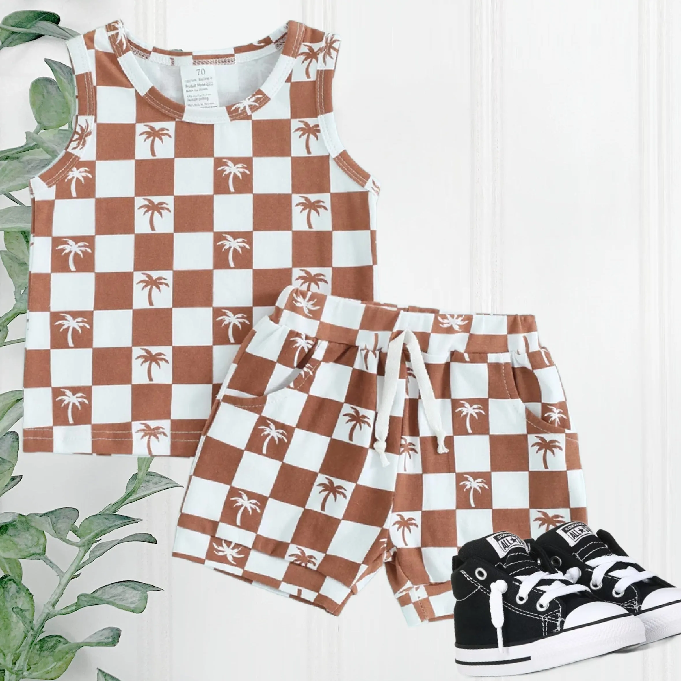 Boys 2 Piece Shorts Sets - Rust Check Palm Trees Sleeveless