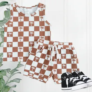 Boys 2 Piece Shorts Sets - Rust Check Palm Trees Sleeveless