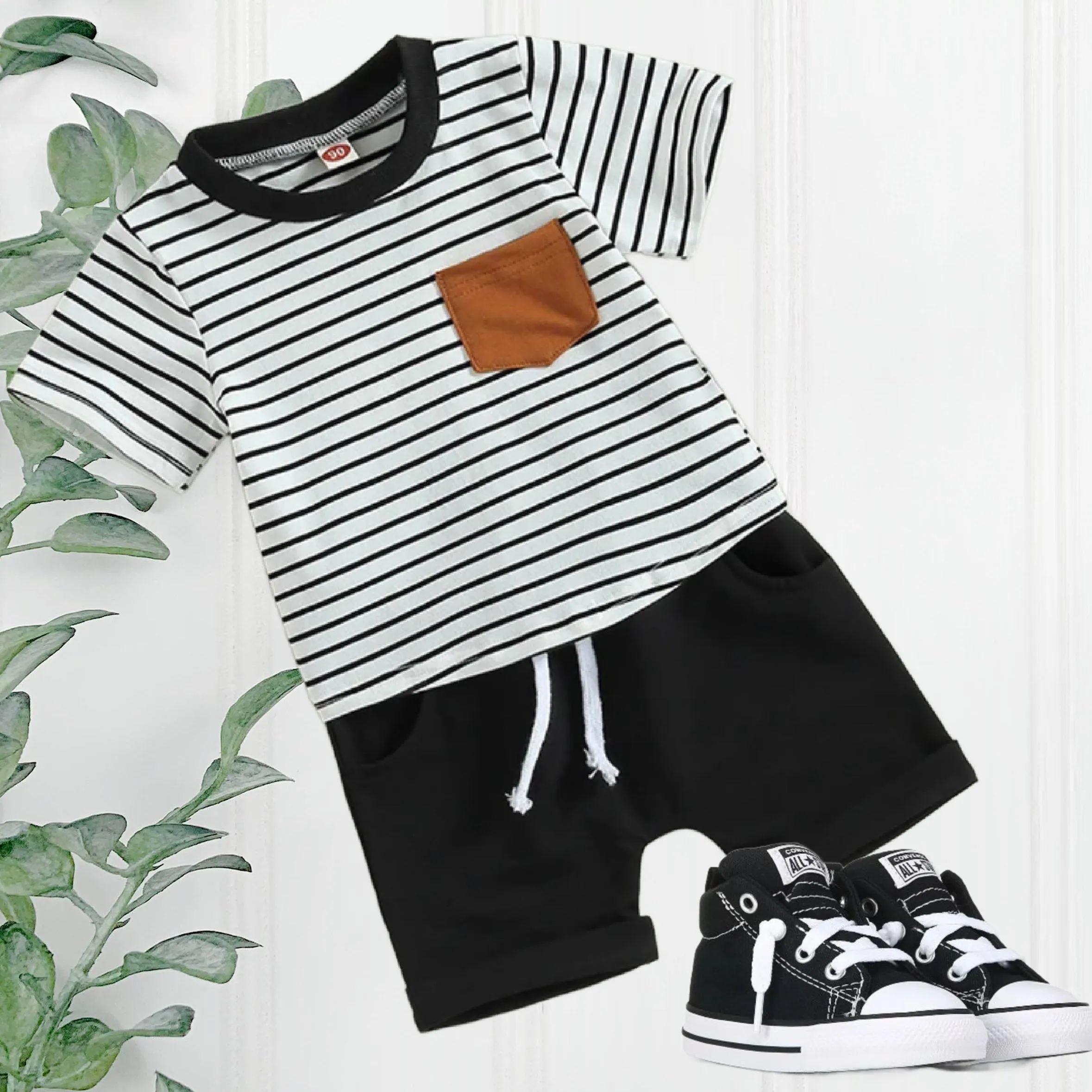 Boys 2 Piece Shorts Sets - White with Black Stripe & Rust Pocket