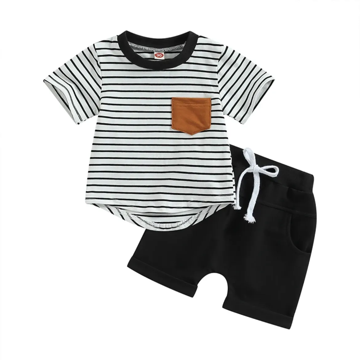 Boys 2 Piece Shorts Sets - White with Black Stripe & Rust Pocket