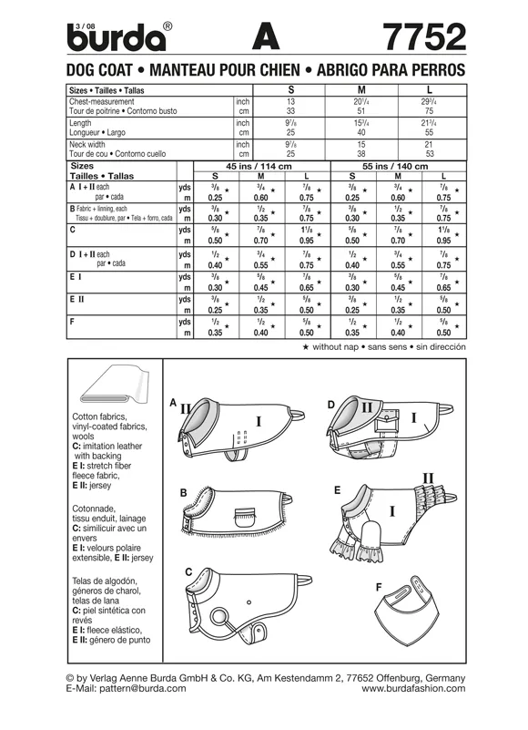 Burda 7752 Dogs Coat Pattern