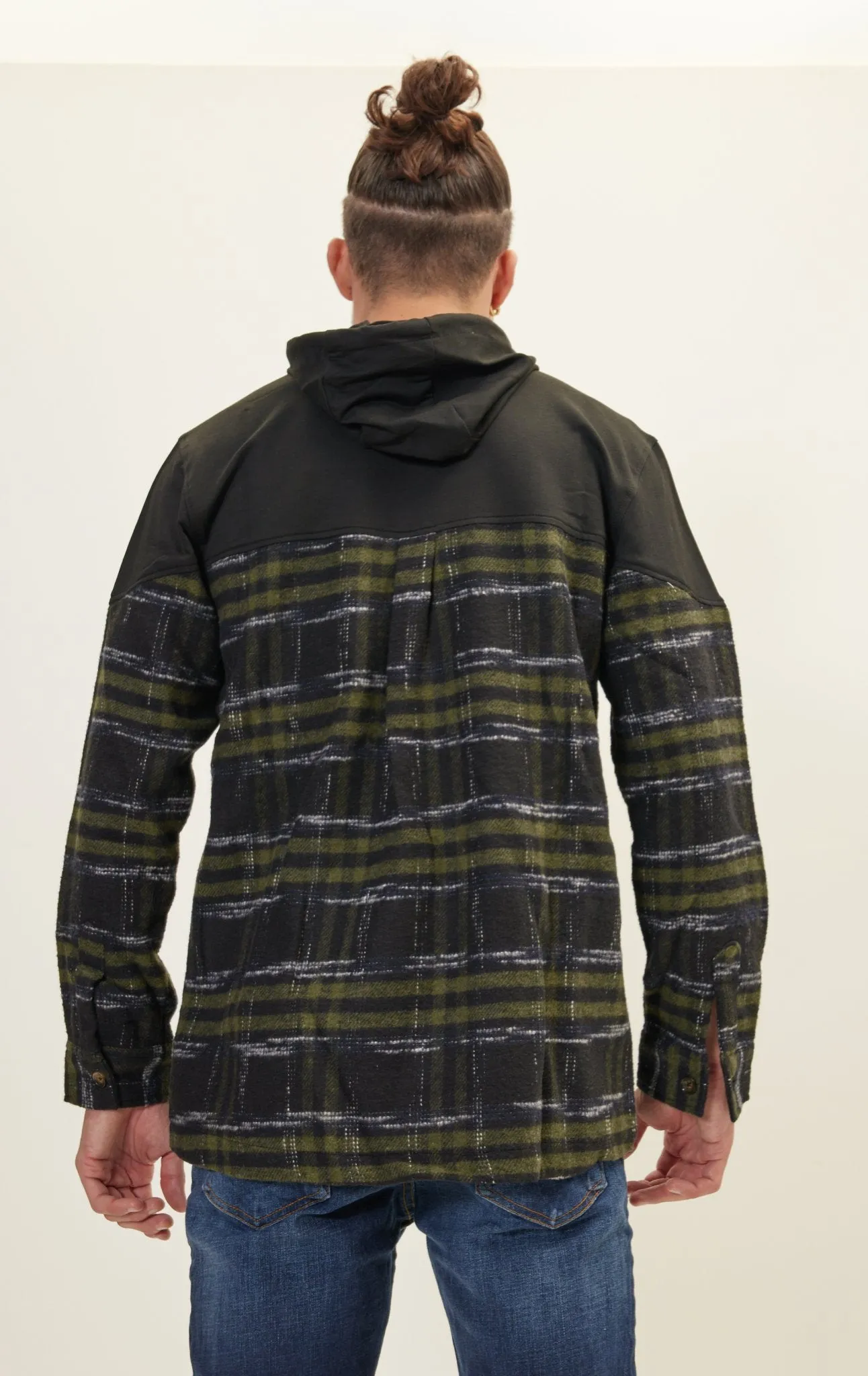 Button Down Plaid Flannel Pullover Hoodie - Green Black