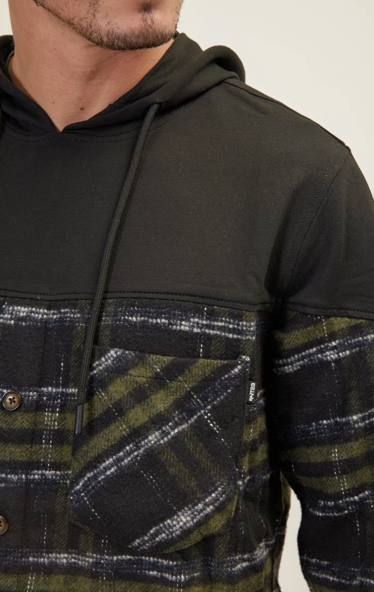 Button Down Plaid Flannel Pullover Hoodie - Green Black