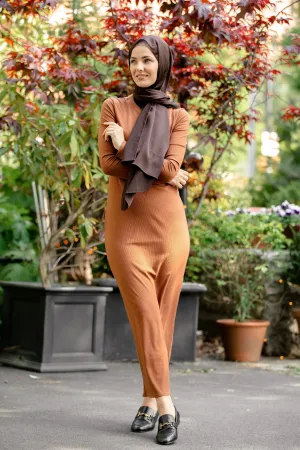 Camel Ribbed Long Sleeve Maxi Dress