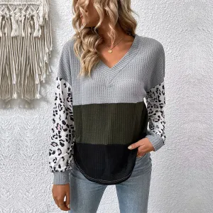 Casual Contrast Color Leopard V Neck Loose Long Sleeve Wholesale Sweaters