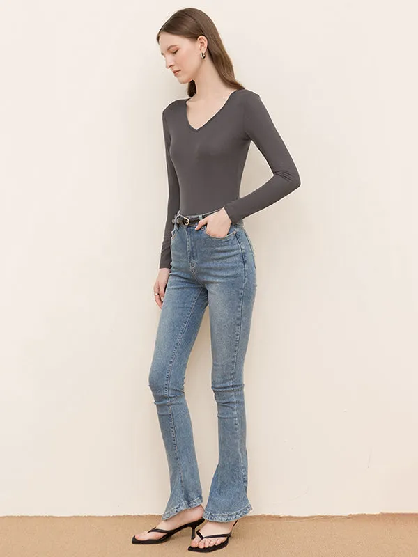 Casual Skinny Long Sleeves Solid Color V-Neck T-Shirts