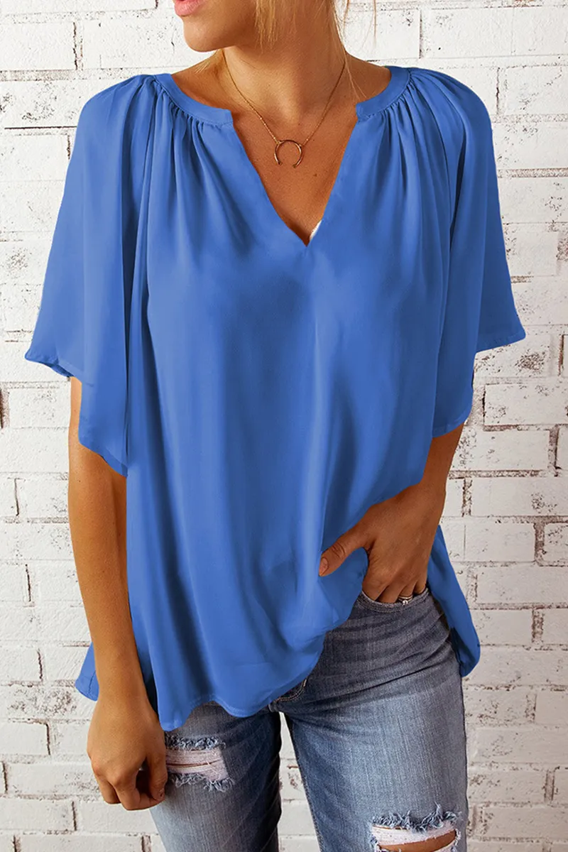 Casual Solid Patchwork V Neck T-Shirts(6 Colors)