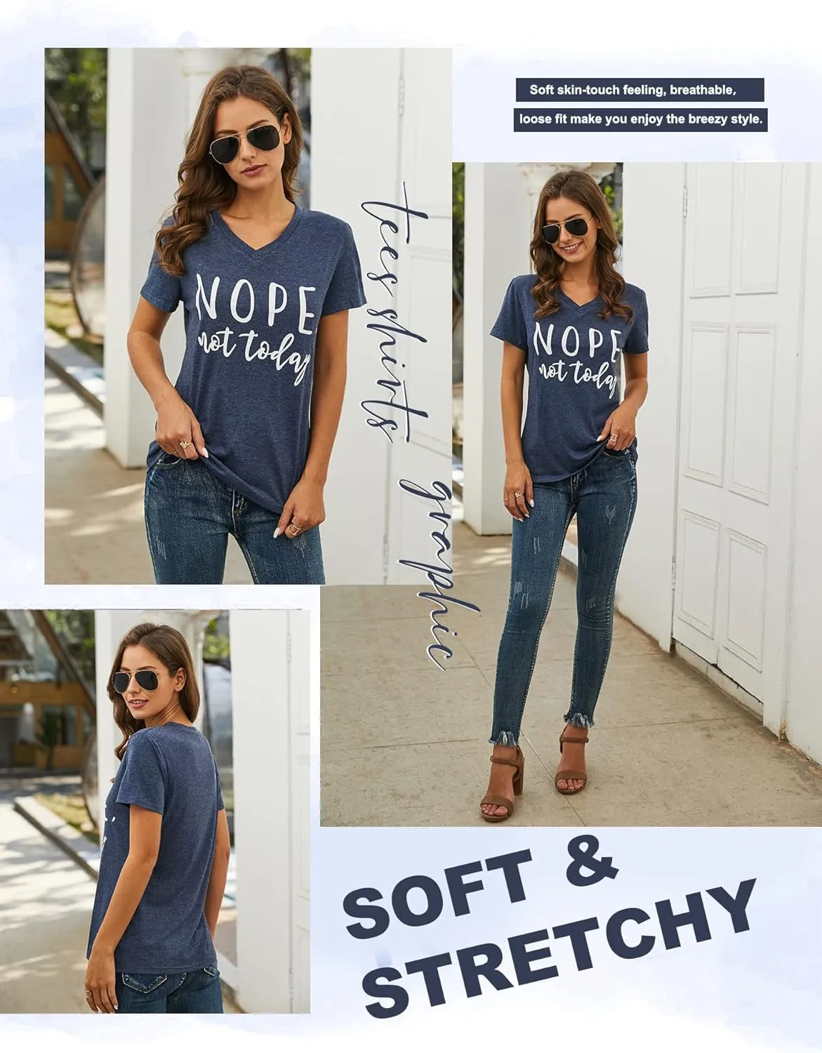 Casual V Neck Nope Letter Printed Shirts Tops Not Today T-Shirts for Women