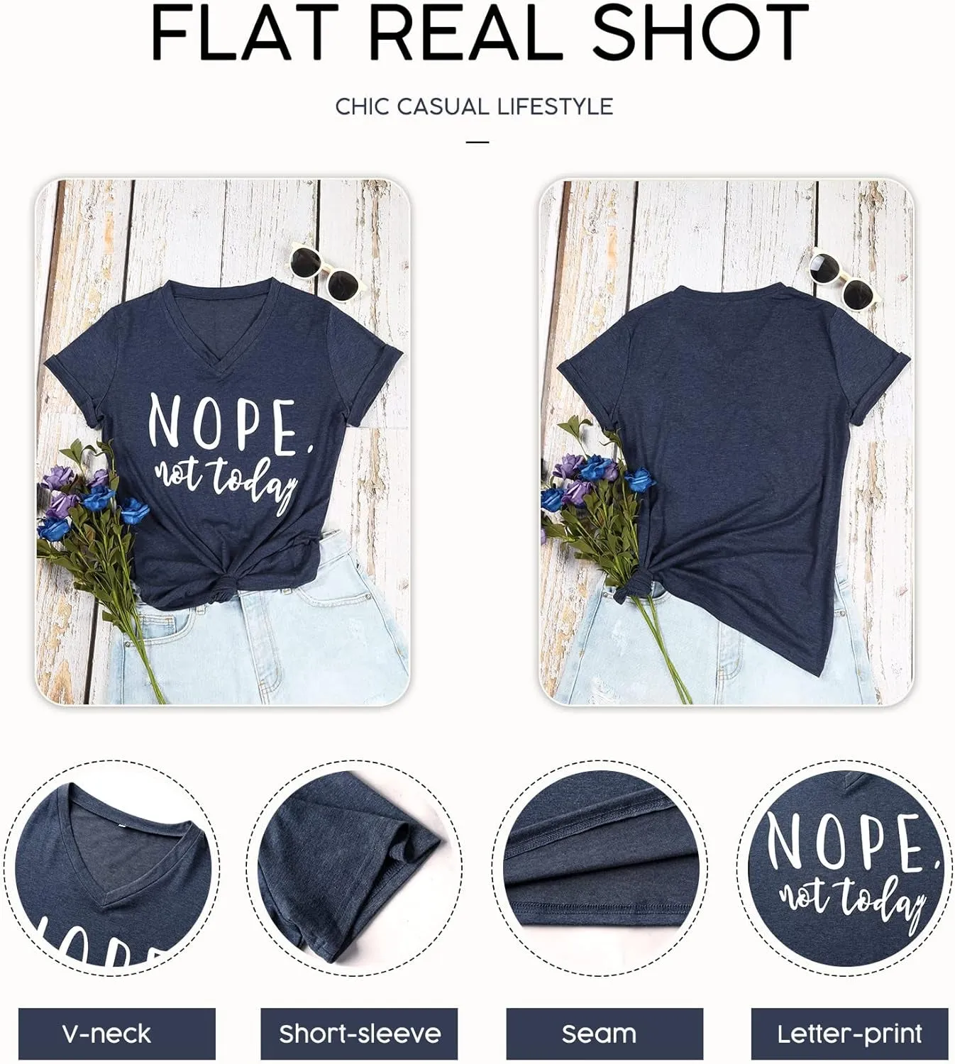 Casual V Neck Nope Letter Printed Shirts Tops Not Today T-Shirts for Women