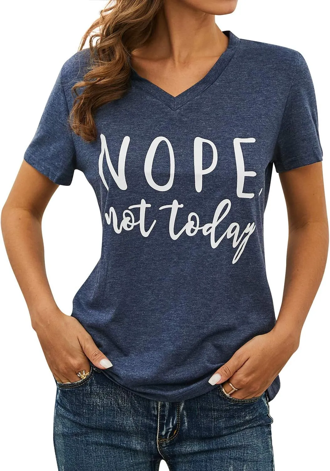 Casual V Neck Nope Letter Printed Shirts Tops Not Today T-Shirts for Women