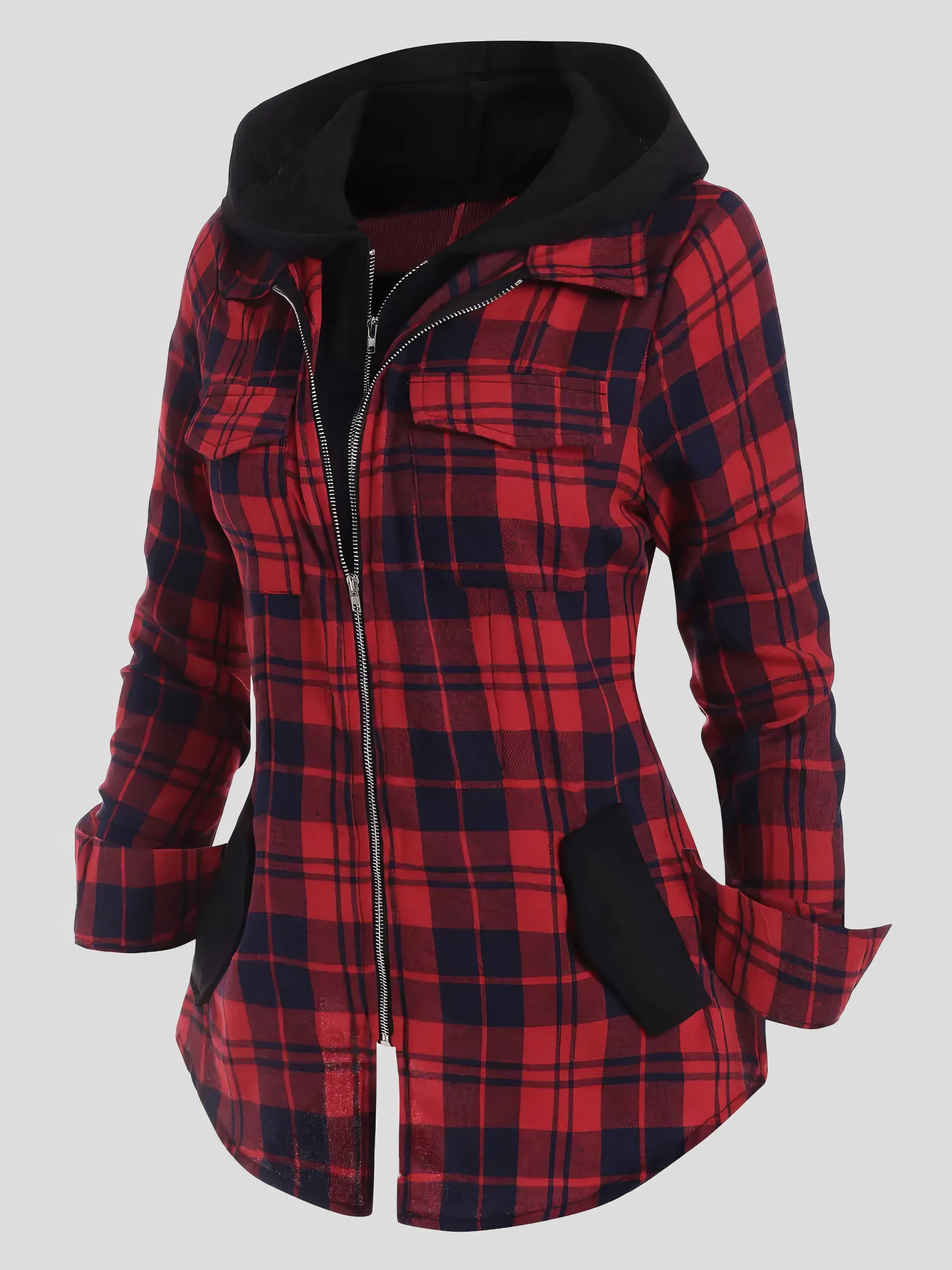 Coats Plaid Pocket Zipper Long Sleeve Hooded Coats for Women