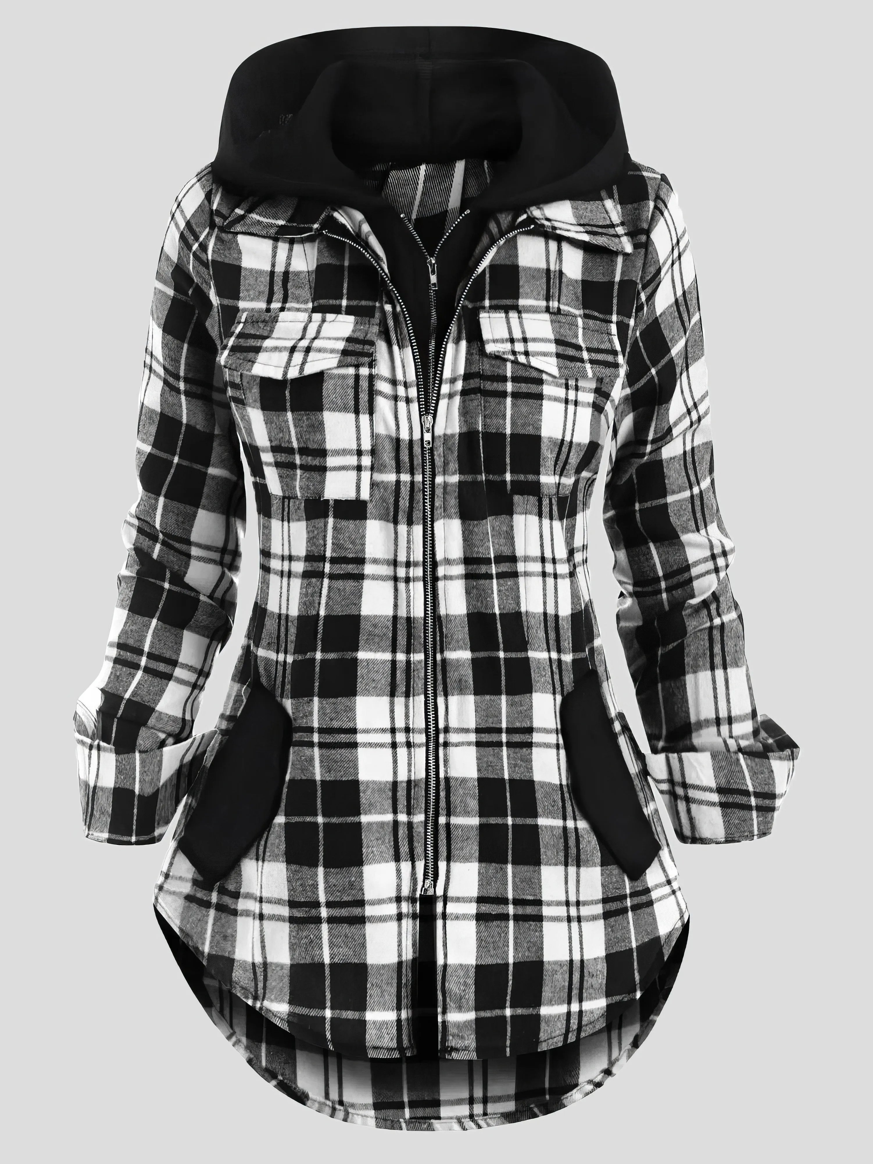 Coats Plaid Pocket Zipper Long Sleeve Hooded Coats for Women