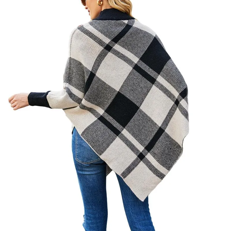 Color-blocking plaid cape bat sleeves pullover knit shawl women