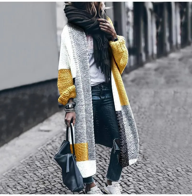 Contrasting color cardigan sweater fashion casual long wool coat