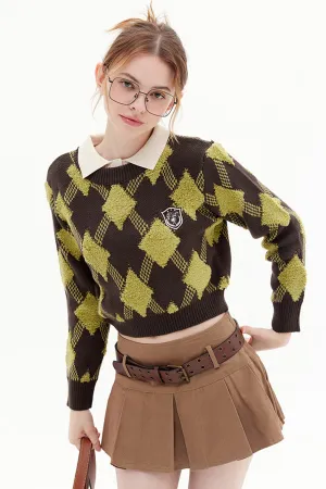 Crew Neck Plaid Patchwork Sweater