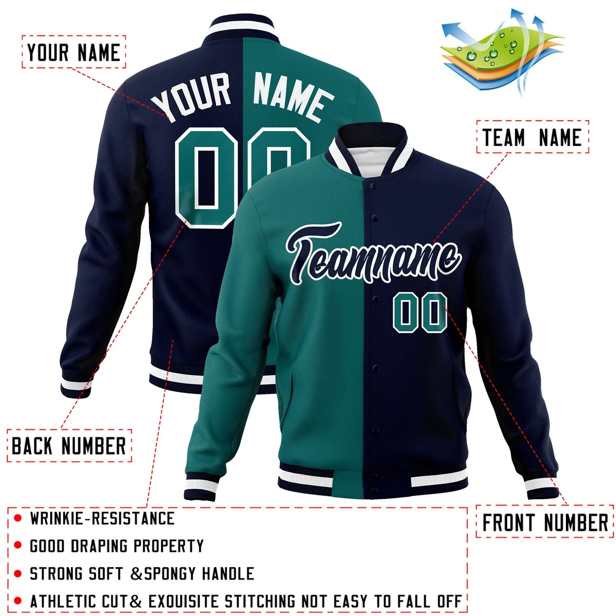 Custom Aqua Navy-Black Varsity Full-Snap Letterman Two Tone Split Fashion Jacket