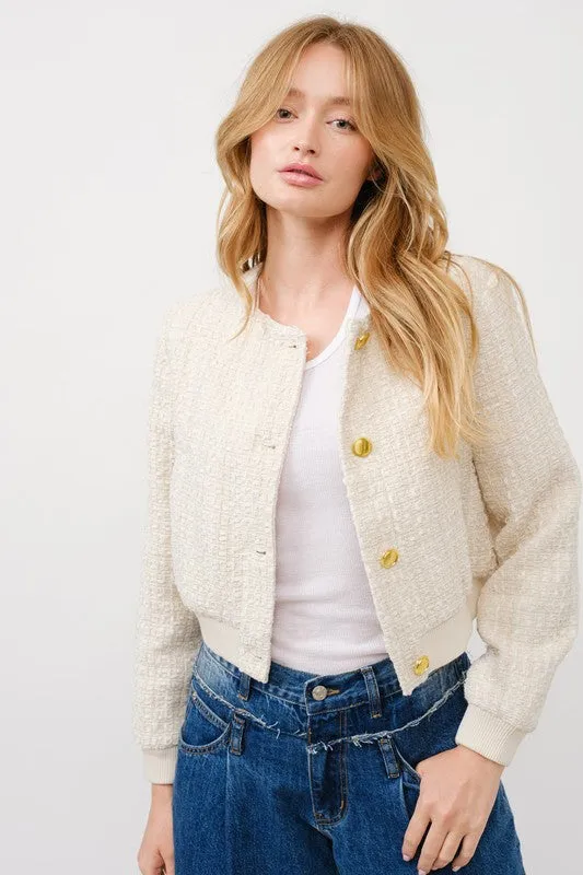 Dakota Long Sleeve Tweed Bomber Jacket Ivory