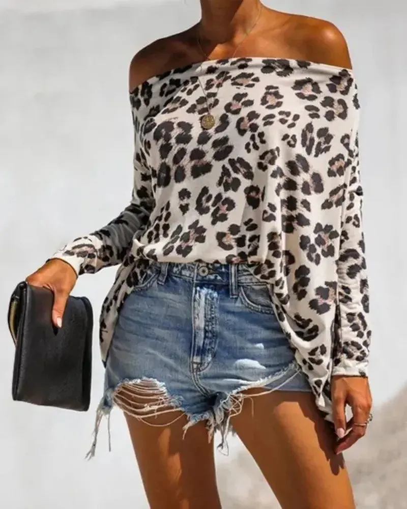 Deanwangkt - Cheetah Print Off Shoulder Long Sleeve Top