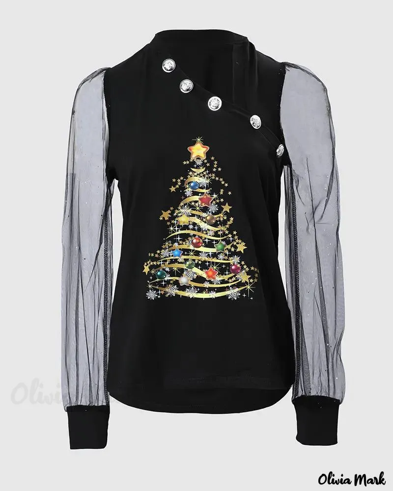 Deanwangkt - Christmas Tree Print Sheer Tulle Long Sleeve Top