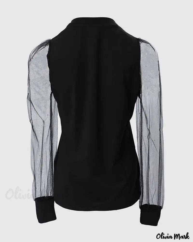 Deanwangkt - Christmas Tree Print Sheer Tulle Long Sleeve Top