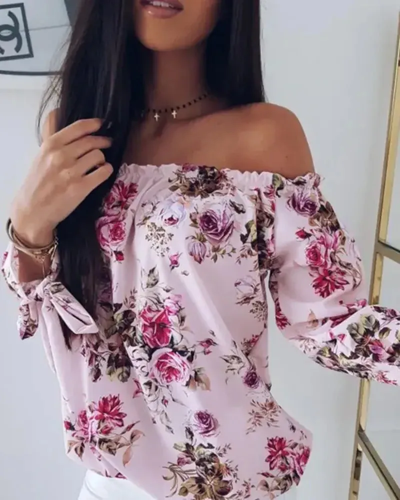 Deanwangkt - Floral Print Off The Shoulder Loose Blouse