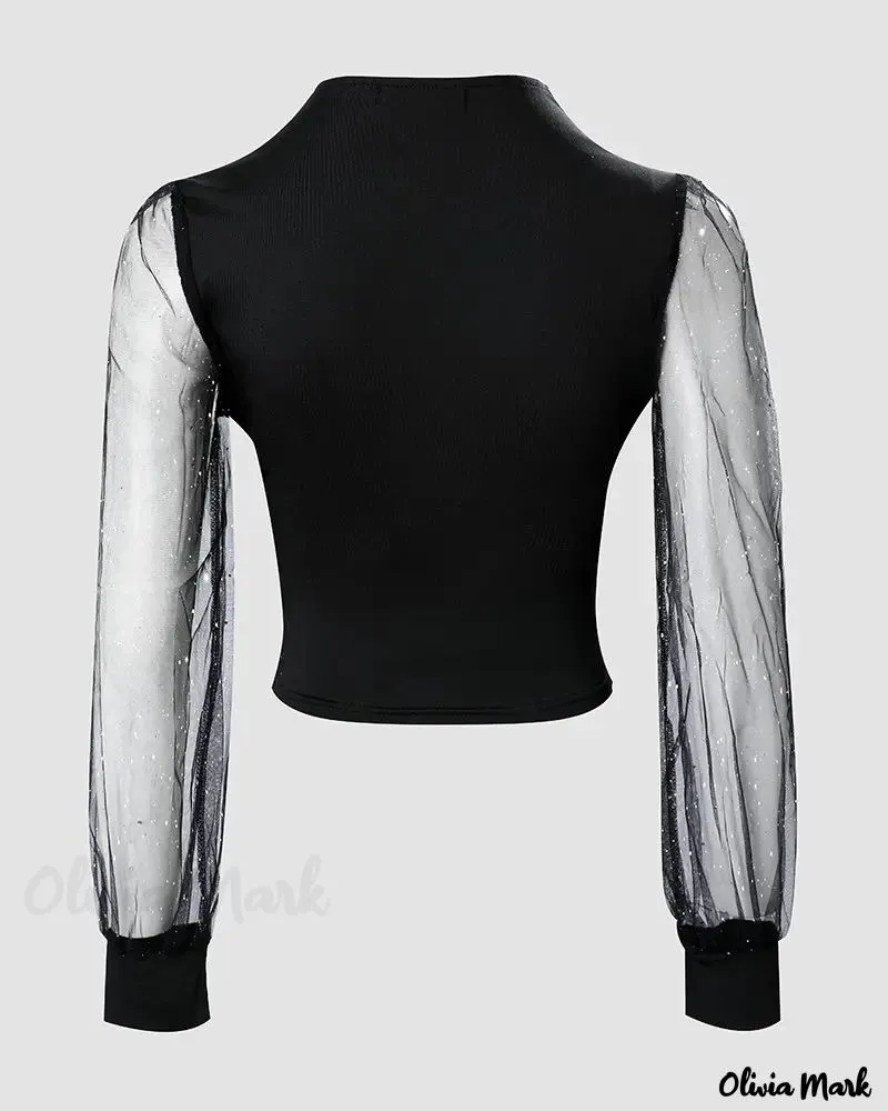 Deanwangkt - Glitter Contrast Mesh Long Sleeve Top