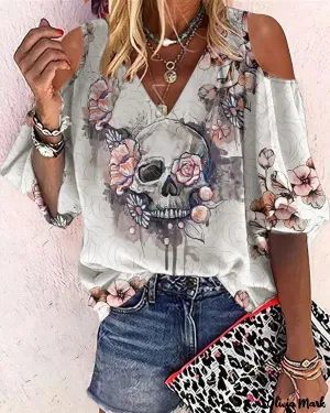 Deanwangkt - Halloween Skull Floral Print Off Shoulder Top