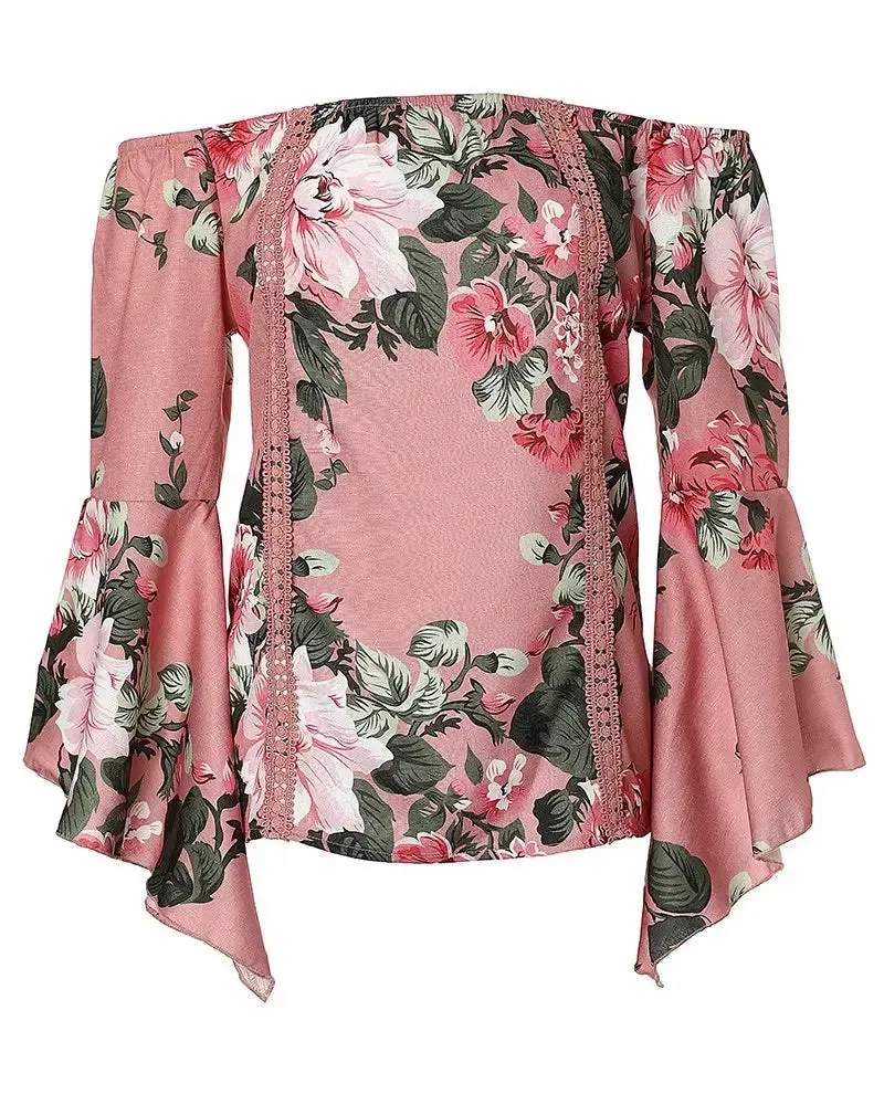 Deanwangkt - Off-the-Shoulder Floral Print Bell-Sleeve Top