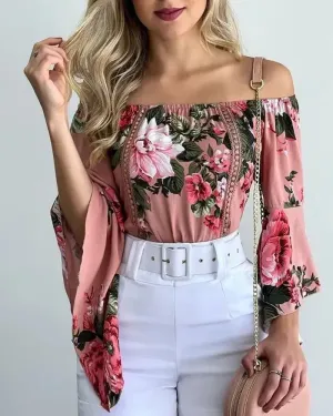 Deanwangkt - Off-the-Shoulder Floral Print Bell-Sleeve Top