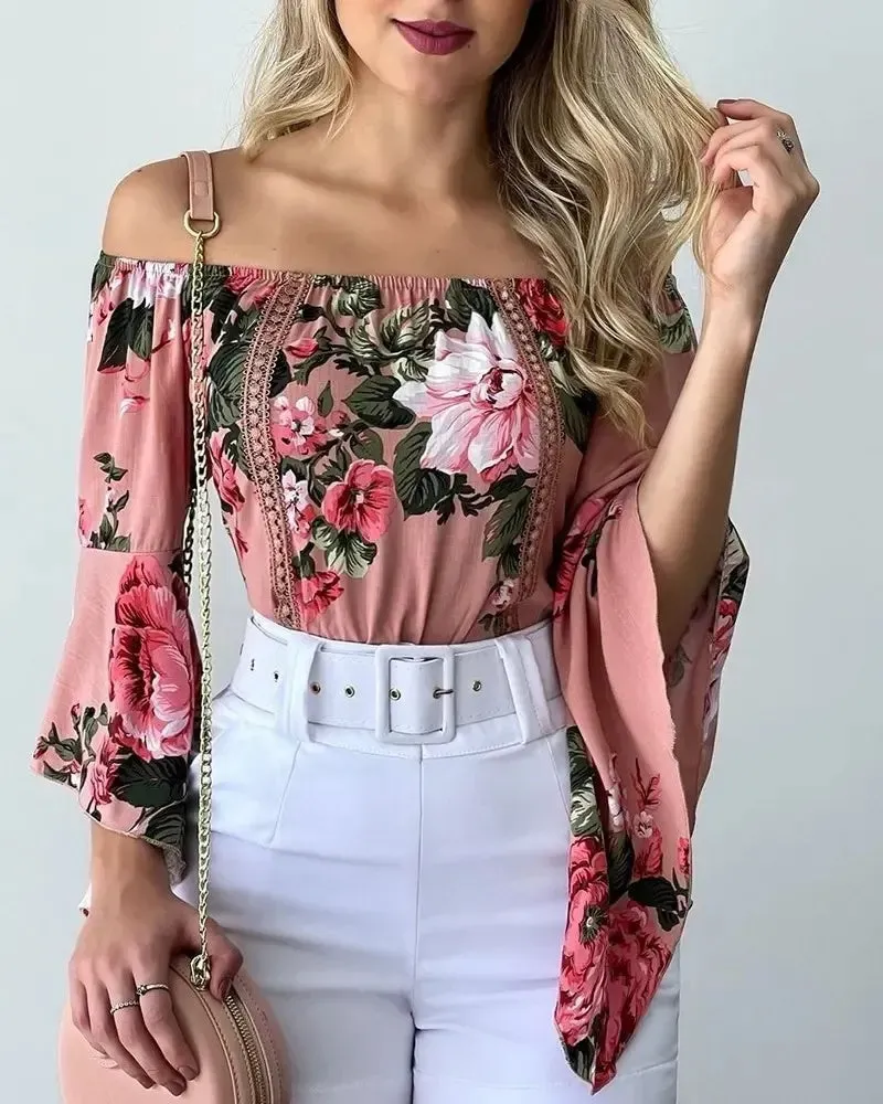 Deanwangkt - Off-the-Shoulder Floral Print Bell-Sleeve Top