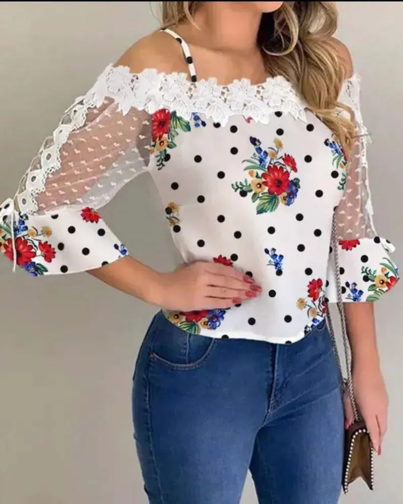 Deanwangkt - Polka Dot Lace Floral Off-the-Shoulder Top