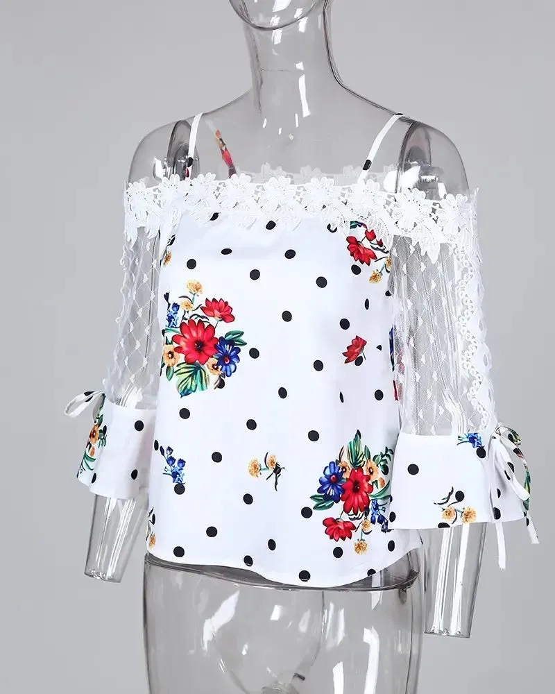 Deanwangkt - Polka Dot Lace Floral Off-the-Shoulder Top