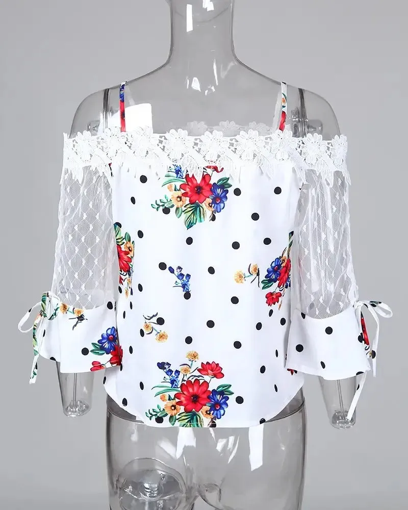 Deanwangkt - Polka Dot Lace Floral Off-the-Shoulder Top