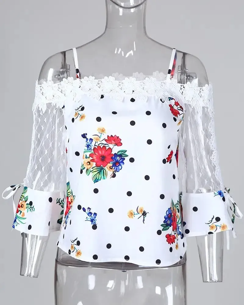 Deanwangkt - Polka Dot Lace Floral Off-the-Shoulder Top