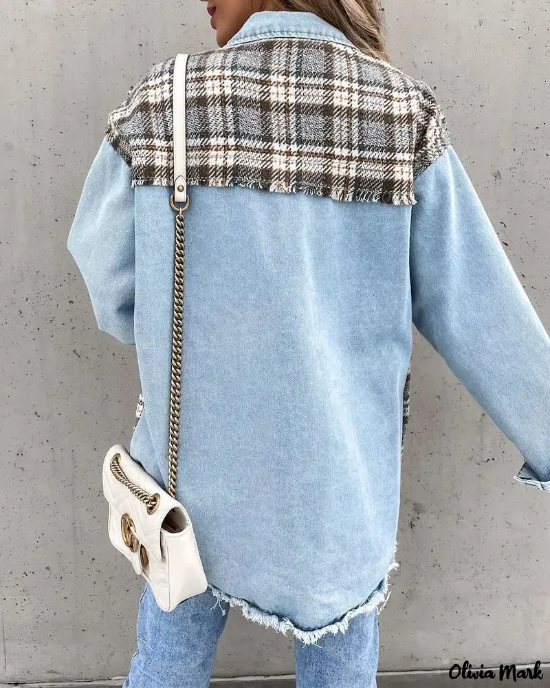 Deanwangkt - Raw Hem Denim Coat with Plaid Panel and Button Front