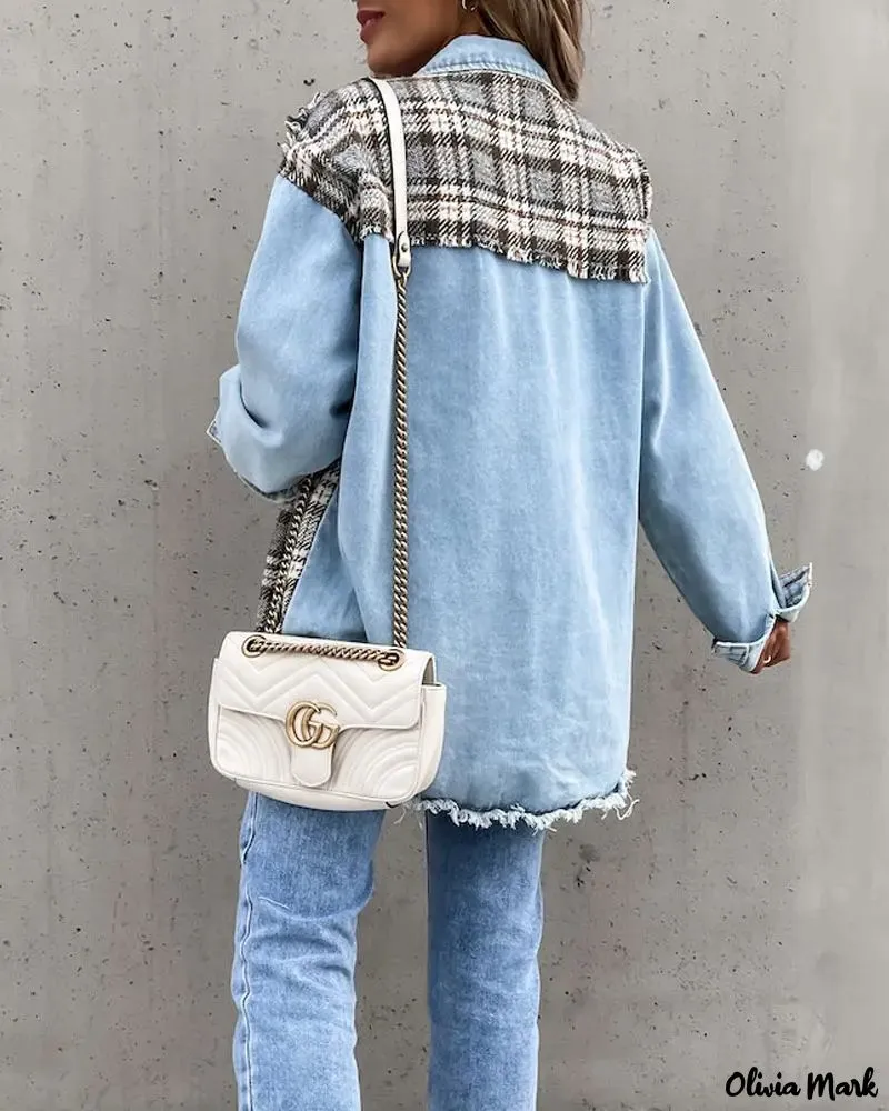 Deanwangkt - Raw Hem Denim Coat with Plaid Panel and Button Front