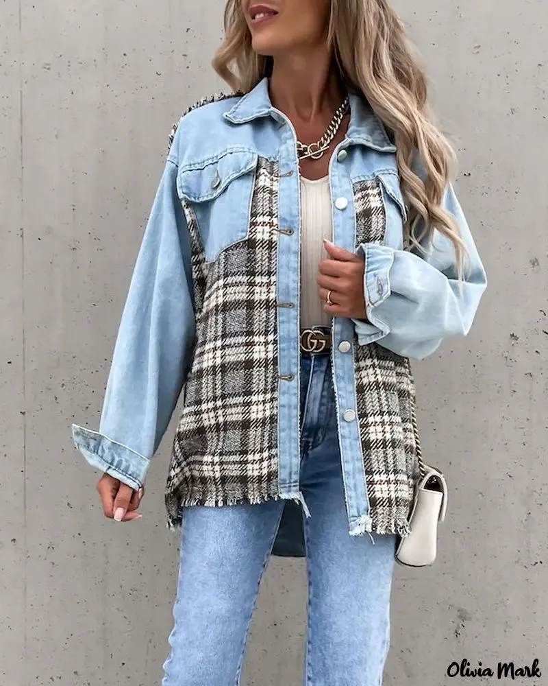 Deanwangkt - Raw Hem Denim Coat with Plaid Panel and Button Front