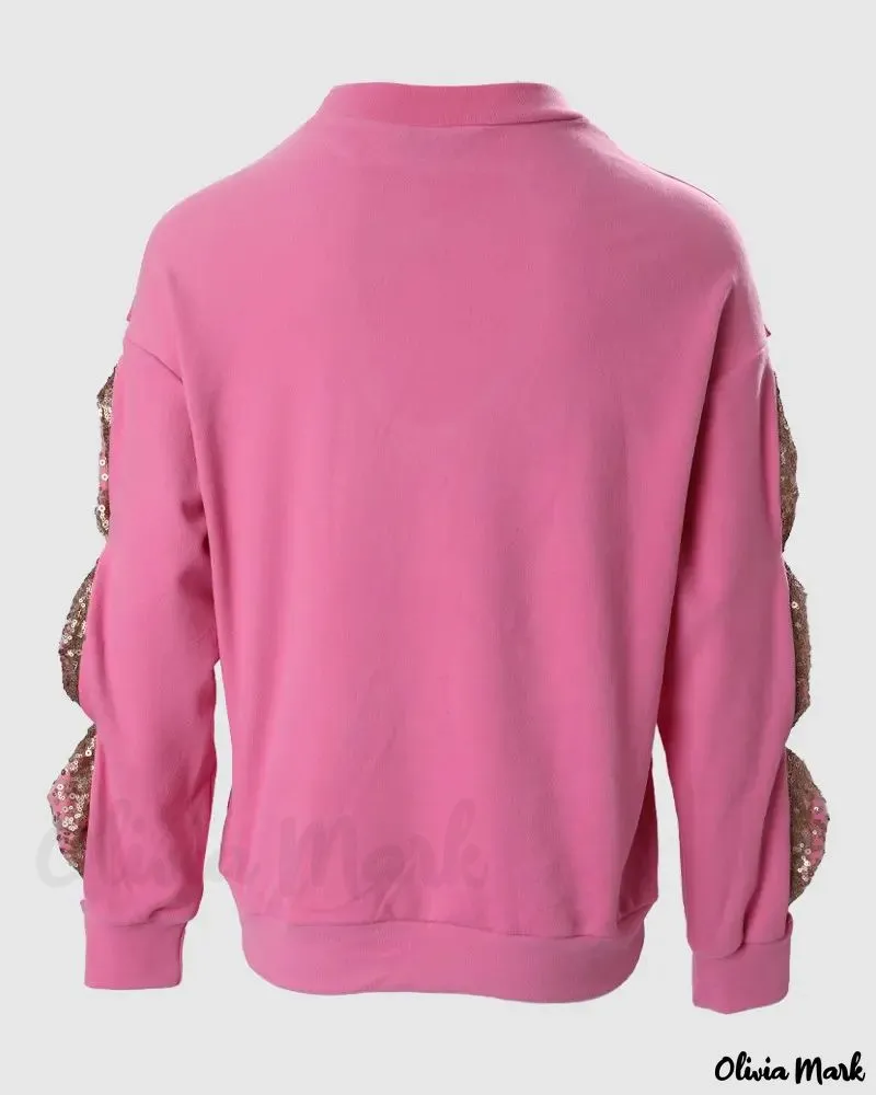 Deanwangkt - Ribbed Long Sleeve Top with Contrast Sequin Bow Decor