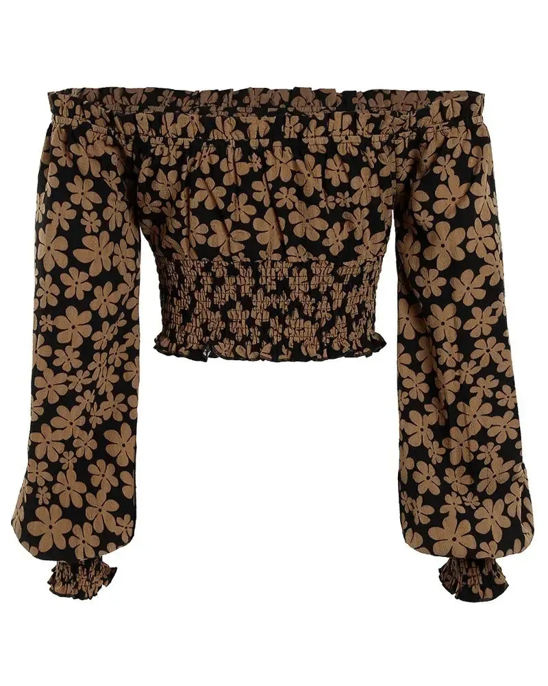 Deanwangkt - Ruched Floral Print Frill Hem Top