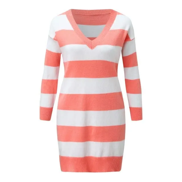 DressBetty - V-neck Striped Long Sleeve Knitted Off Shoulder Dress