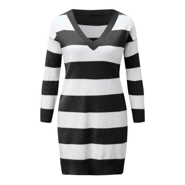 DressBetty - V-neck Striped Long Sleeve Knitted Off Shoulder Dress